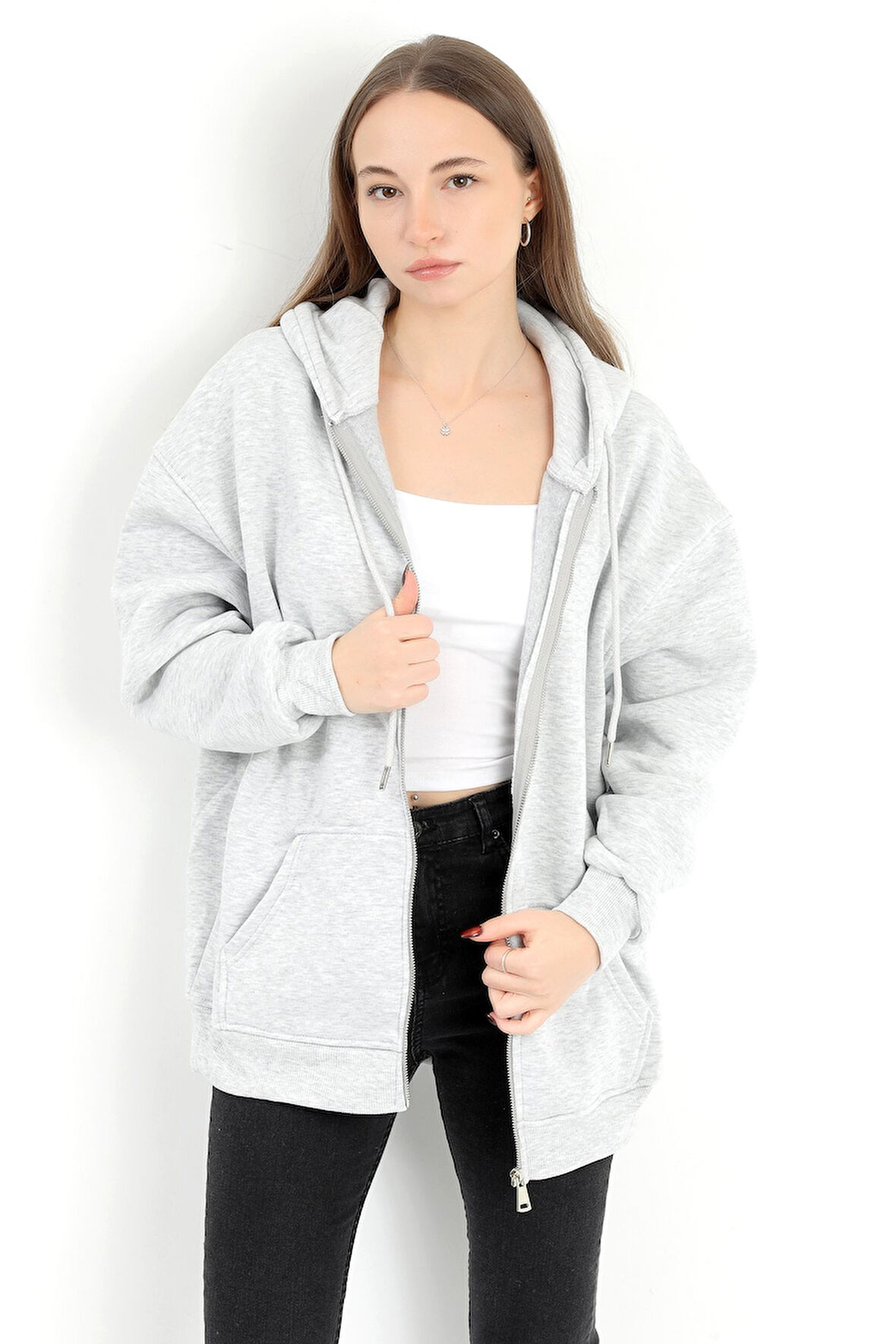 Kadın Karmelanj Fermuarlı Şardonlu Kapüşonlu Oversize Sweatshirt - 9015 - 264401