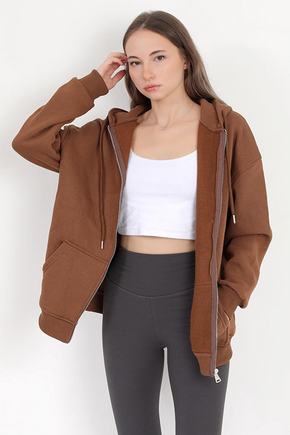 Kadın Kahverengi Fermuarlı Şardonlu Kapüşonlu Oversize Sweatshirt - 9015 - 264401