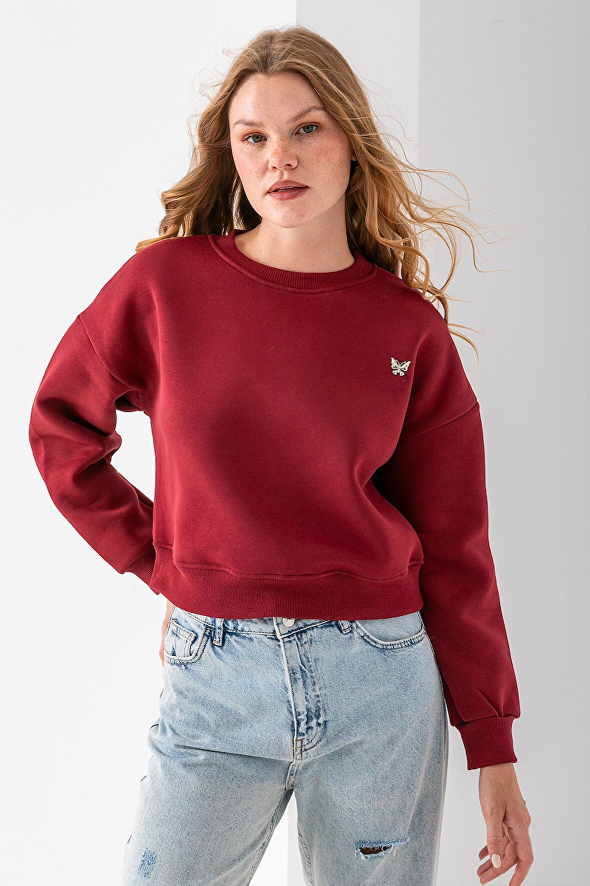 Kadın Bisiklet Yaka Kelebek Aksesuarlı 3İp Crop Sweatshirt Bordo - 2670