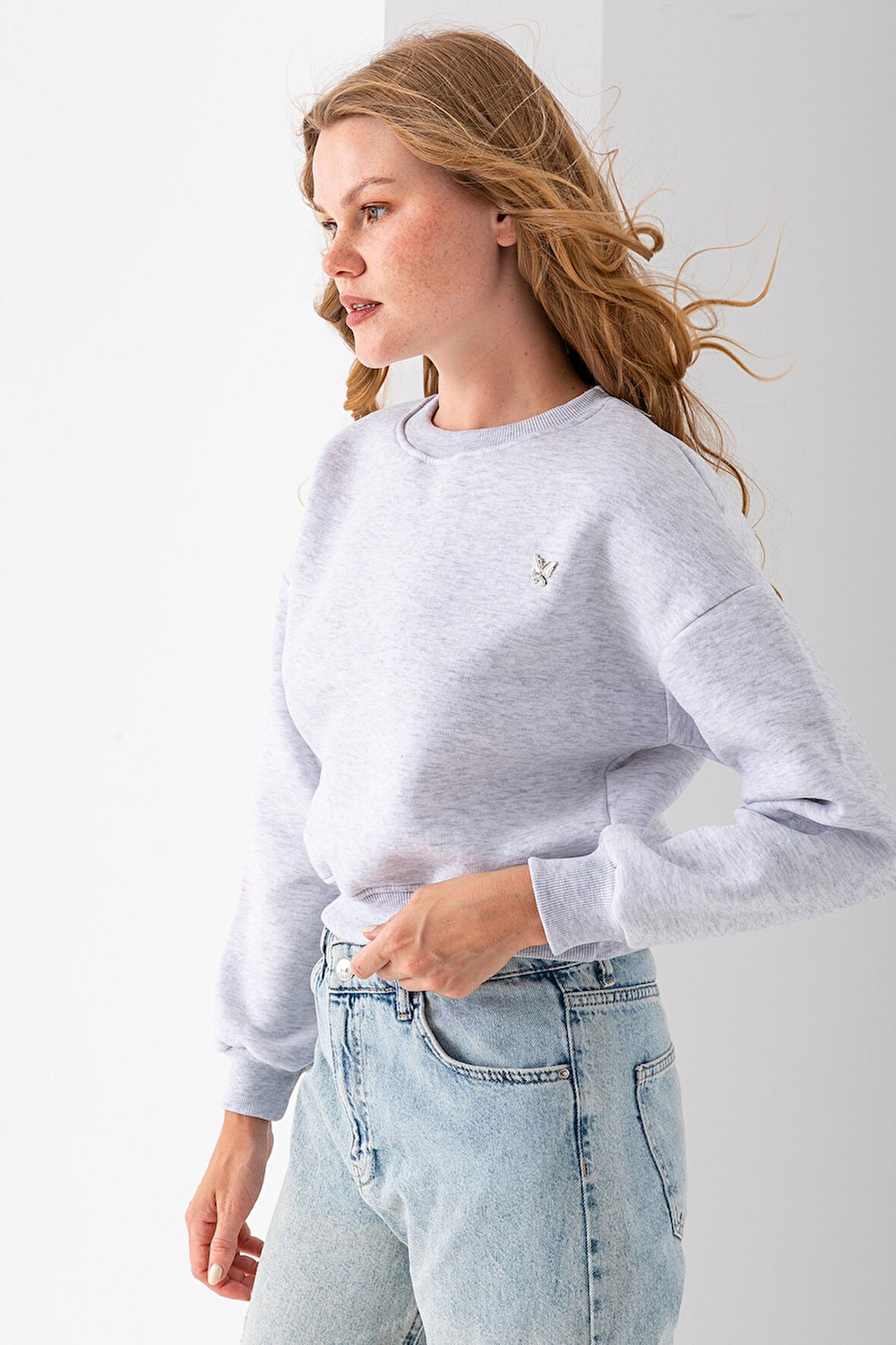 Kadın Bisiklet Yaka Kelebek Aksesuarlı 3İp Crop Sweatshirt Gri - 2670