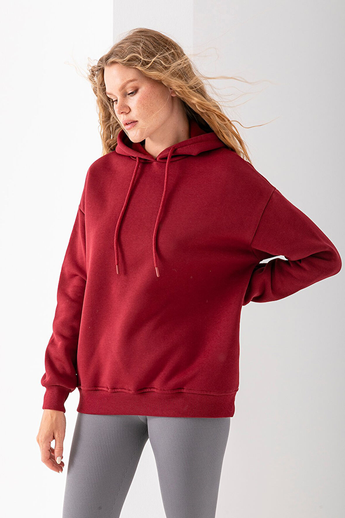 Kadın Kapüşonlu Basic 3İp Sweatshirt Bordo - 2604