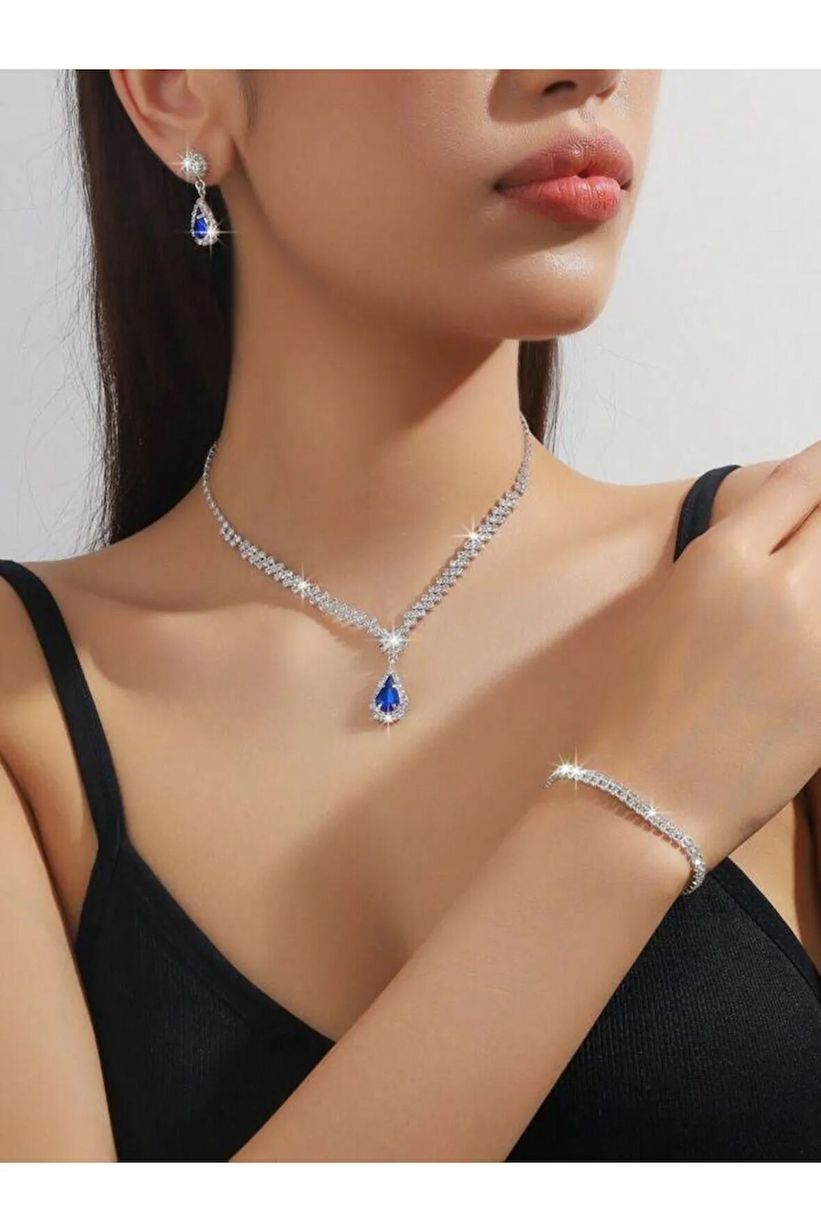 Gümüş Kaplama Elit Kolye, Küpe Ve Bileklik Seti 3'lü Set Davet Düğün Nişan Abiye