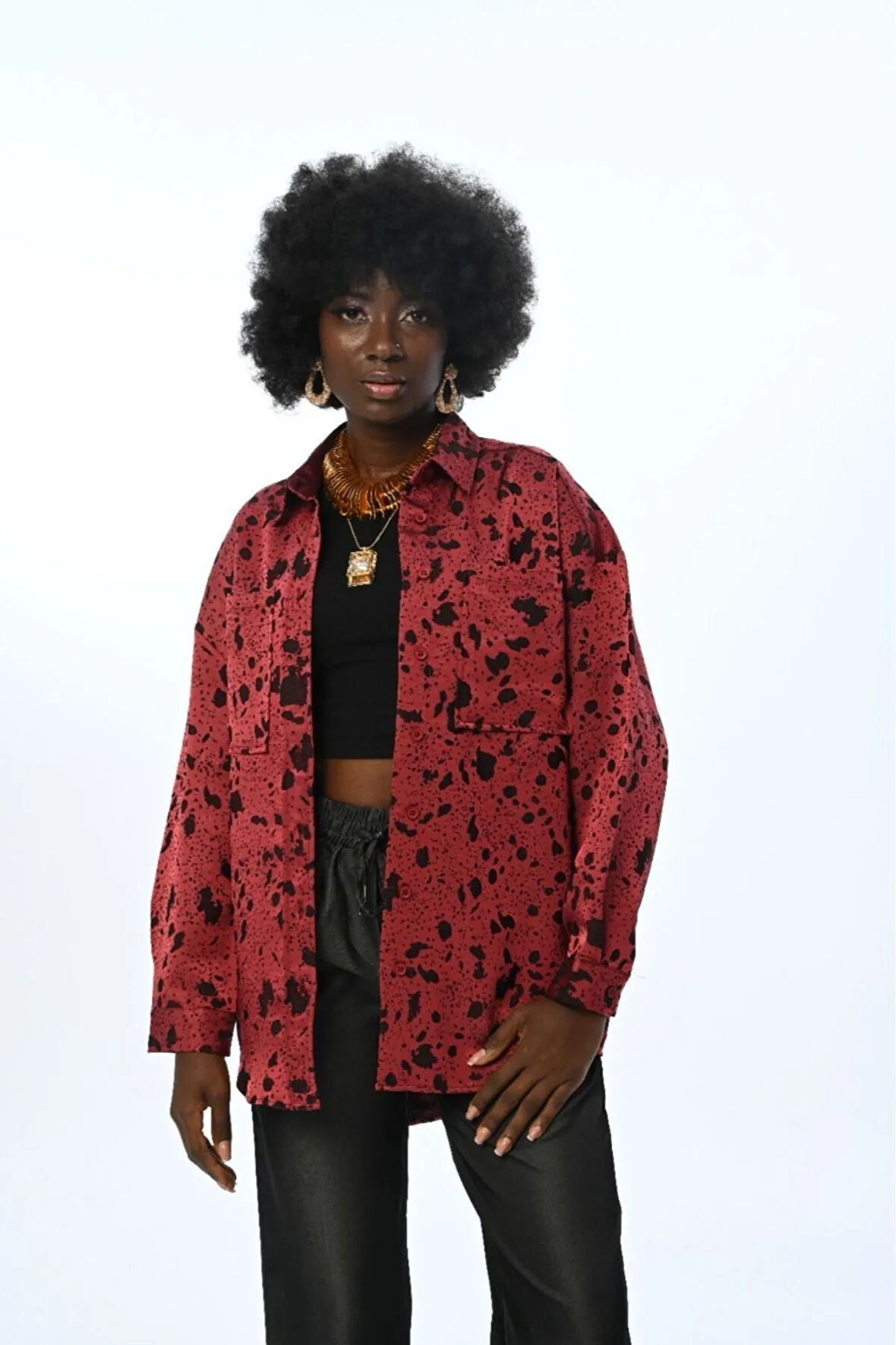 KADIN DESENLİ BORDO-SİYAH RENK ÇİFT CEPLİ GÖMLEK