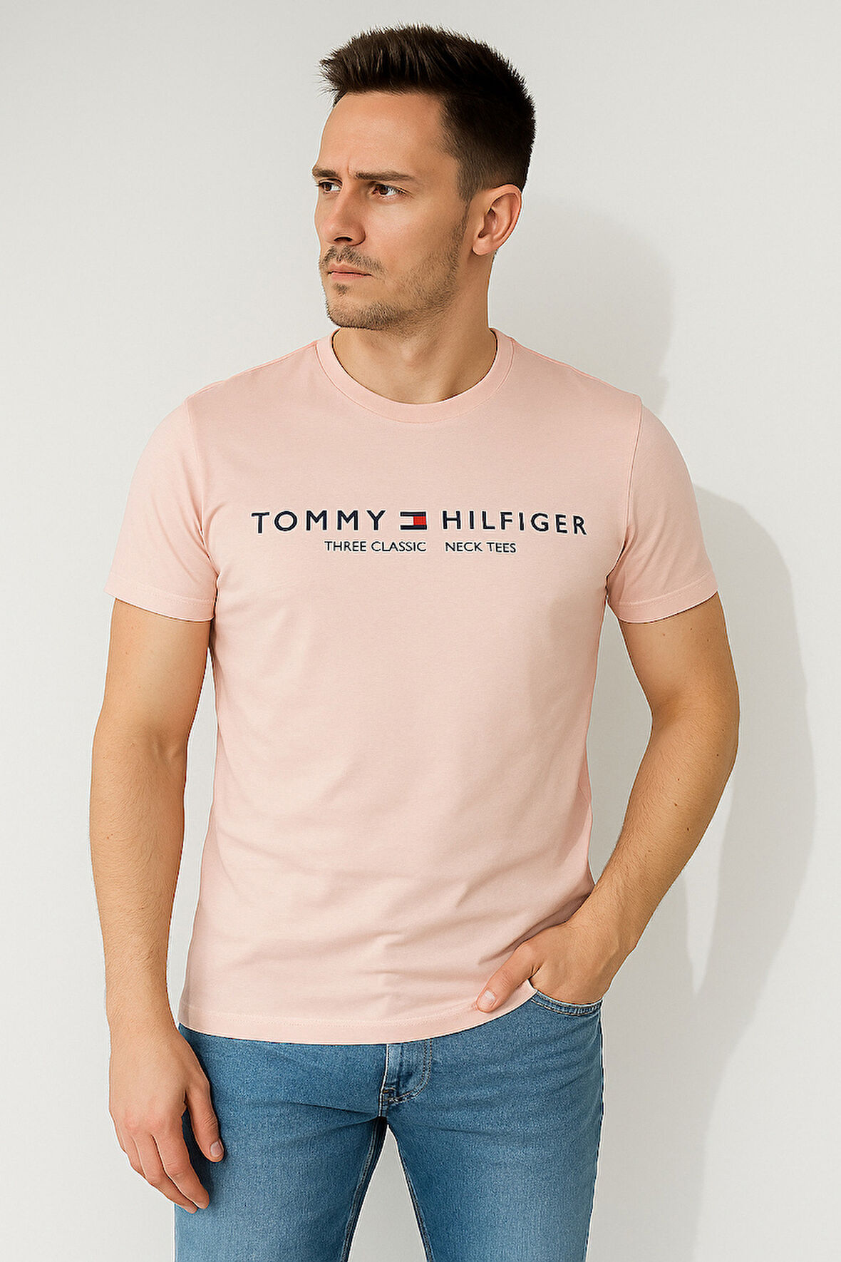 TOMMY HILFIGER EST BASKILI BİSİKLET YAKA PAMUK PENYE TSHİRT PUDRA PEMBE