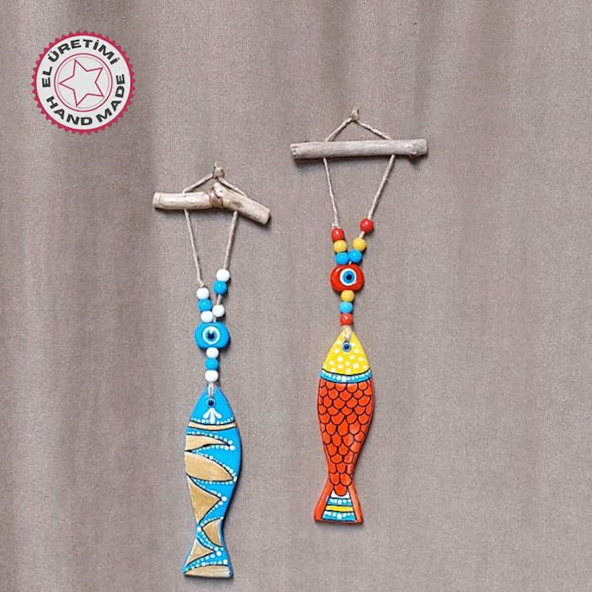 Uretti - Fatma 4830 7401 El Yapımı 2'li Balık Duvar Süsü - Kırmızı / Mavi
