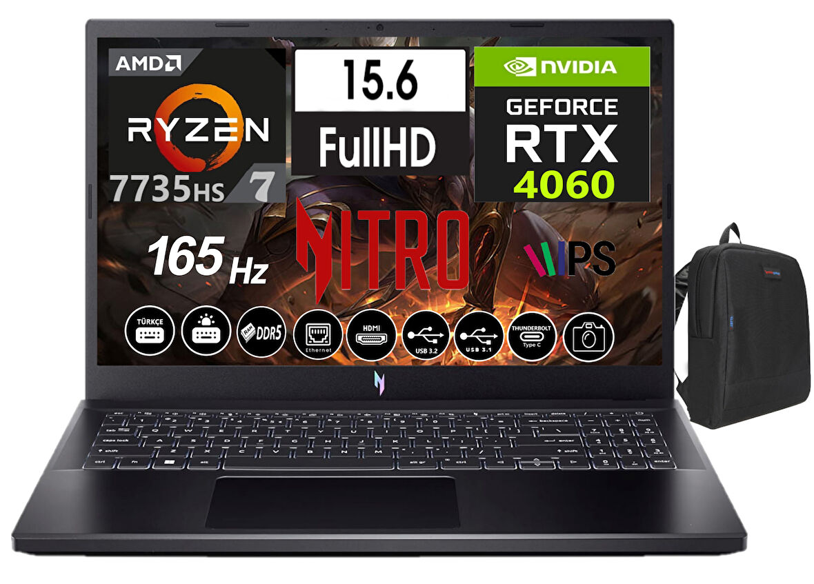 Acer Nitro V15 ANV15-41 Amd Ryzen7 7735HS 16GB Ddr5 Ram 2tb SSD Freedos 15.6 Inç Fhd 165Hz 8gb RTX4060 Taşınabilir Bilgisayar NHQSFEY00303+WEBLEGELSINÇANTA