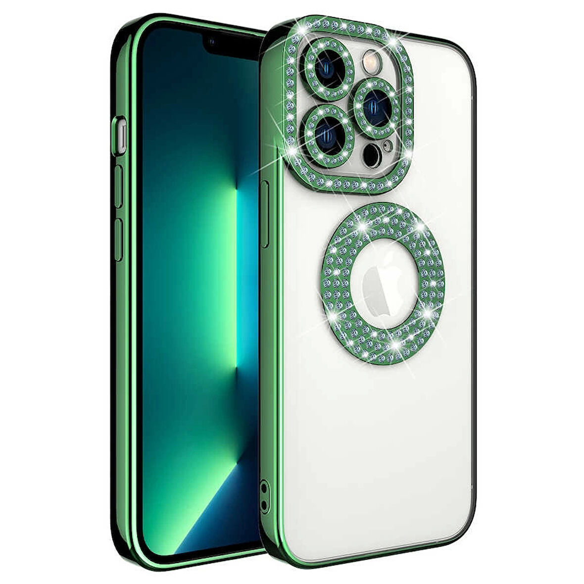 Apple İphone 12 Pro Max Kılıf Kamera Korumalı Taş Süslemeli Arkası Şeffaf Redclick Asya Kapak