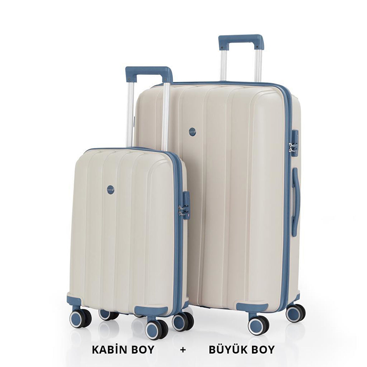 MÇS Bavul Büyük ve Kabin 2li Set Kırılmaz Silikon Valiz V305 Kemik/SkyBlue