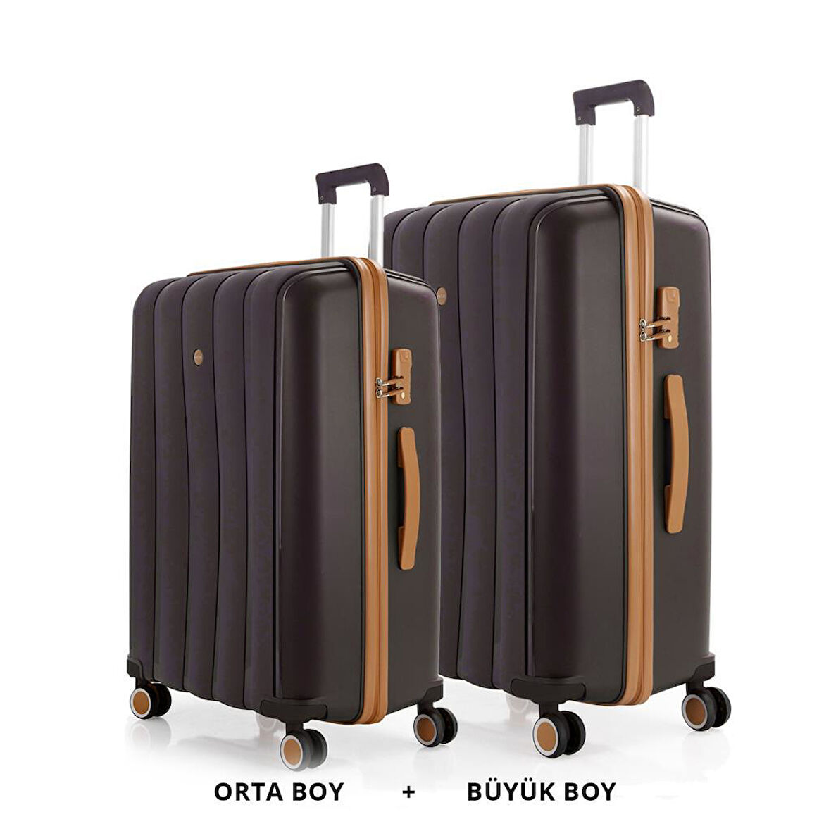 MÇS Bavul Büyük ve Orta 2li Set Silikon Valiz V305 Kahve/Şampanya