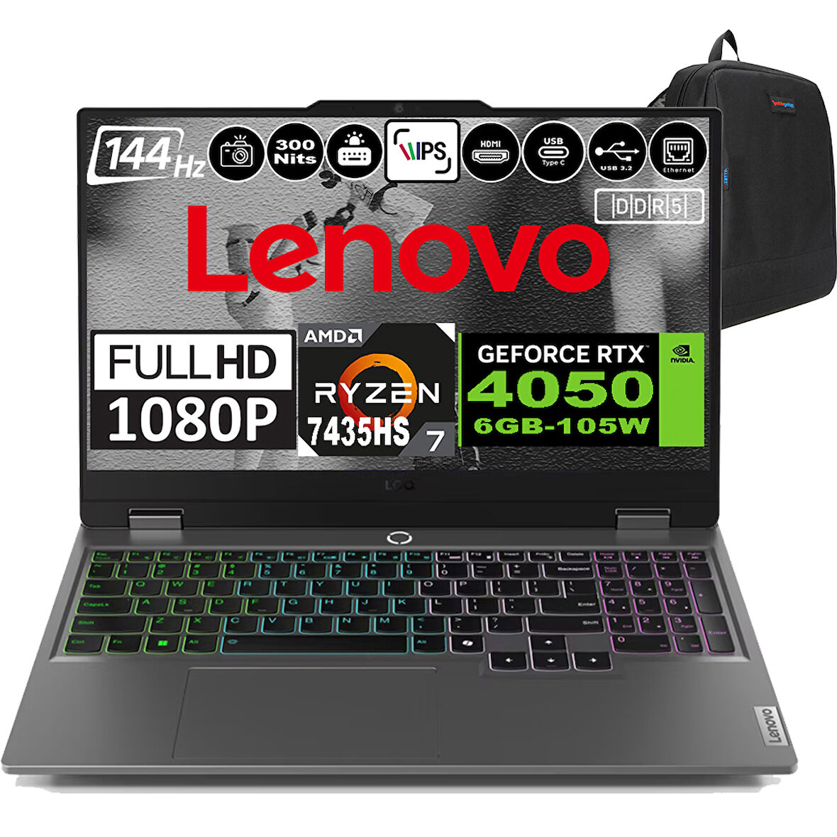 Lenovo Loq 15ARP9 Amd Ryzen 7 7435HS Ddr5 96GB 2tb SSD RTX4050-6GB 300NITS 15.6" 144Hz Fhd Freedos Taşınabilir Bilgisayar 83JC00CRTRF15 + Zetta Çanta