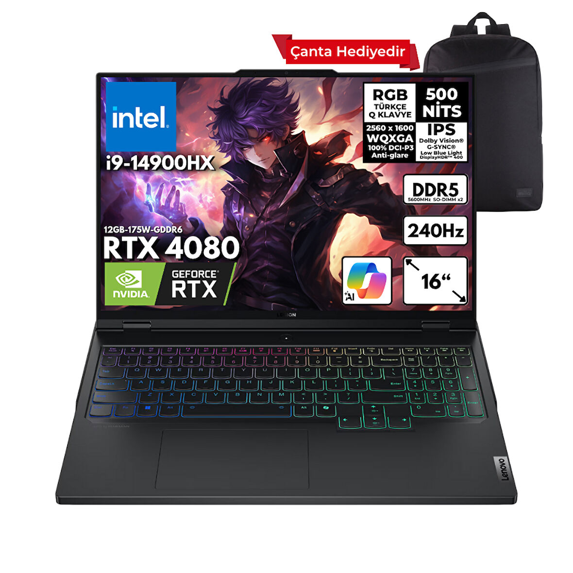Lenovo Legion Pro 7 i9-14900HX 64-GBDDR5 4 TBSSD RTX4080 (12GB-175W-GDDR6) 16" 240Hz WQXGA Freedos + HMF Sırt Çantası 83DE0086TRHMF10