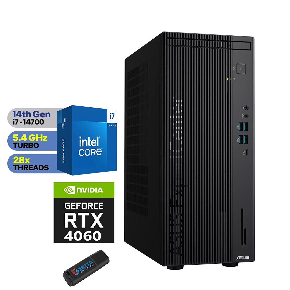 Asus D9 Expertcenter D901MDR Intel I7-14700 128GB Ddr5 512GB SSD 8GB/RTX4060 WINDOWS11PRO Masaüstübilgisayar WRTXD901MDRW27+ZETTAUSBBELLEK
