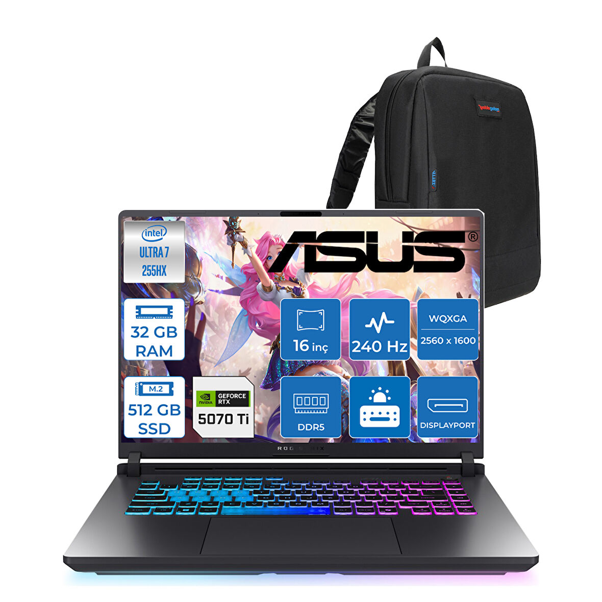 Asus Rog Strix G16 G615LR  Intel Ultra 7 255HX Aı 32GB GB 512GB SSD 12GB/RTX5070Tİ Gddr7 140W 16" 2.5k 2560 x 1600 Wqxga 240Hz 3ms 500NITS  Freedos Taşınabilir Bilgisayar ZS5212F09+ZETTAÇANTA