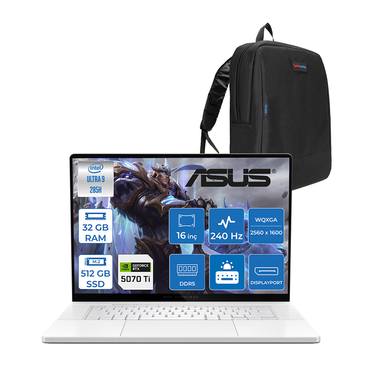 Asus Rog Zephyrus G16 GU605CR Intel Core Ultra 9 285H Aı 32GB 512GB SSD RTX5070TI-12GB 120W Freedos 16" OLED 2.5k 240Hz 0.2ms 550 Nits Wqxga (2560 x 1600) Taşınabilir Bilgisayar WQR204102+ZETTAÇANTA