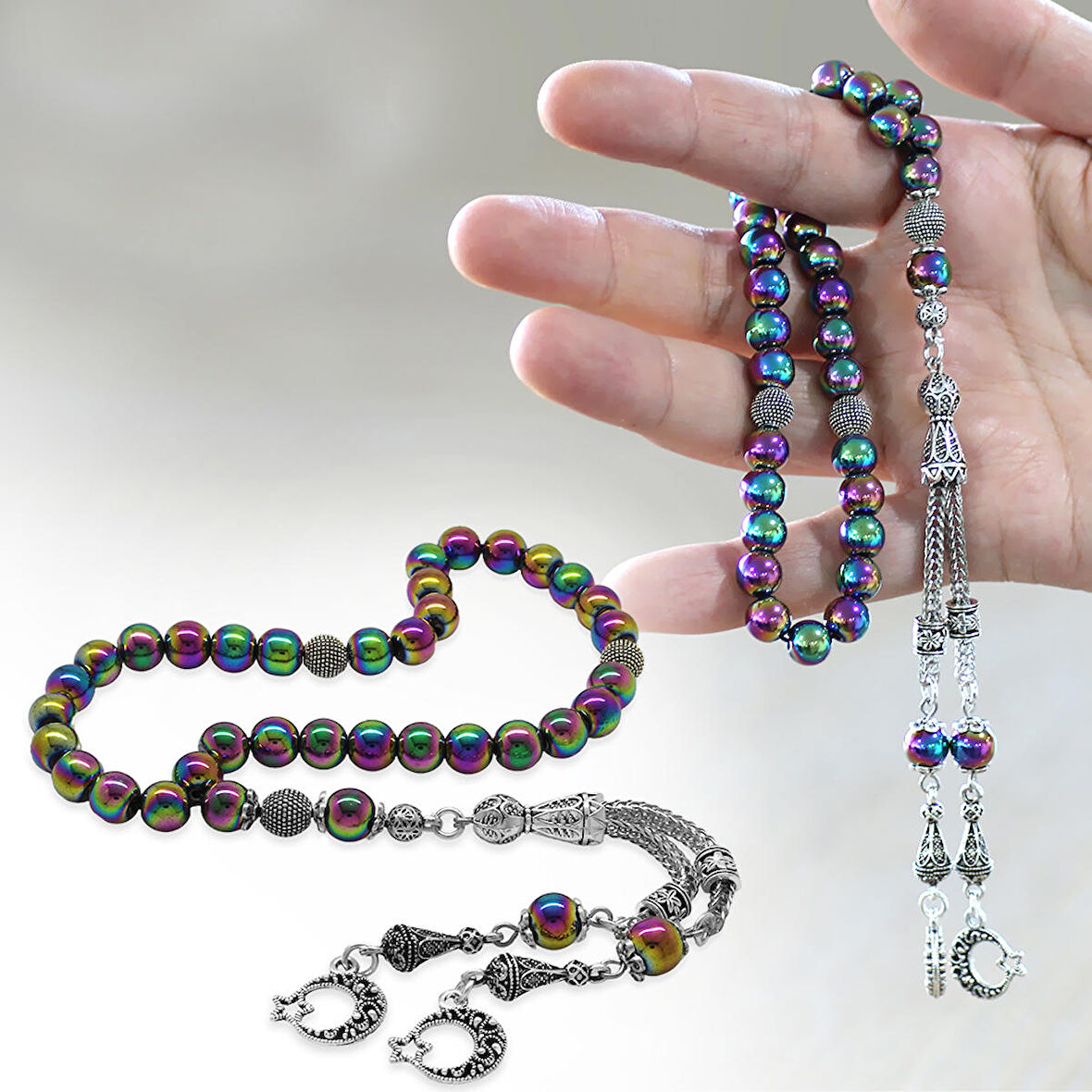 Kararmaz Metal Püsküllü Küre Kesim Multicolor Hematit Doğaltaş Tesbih