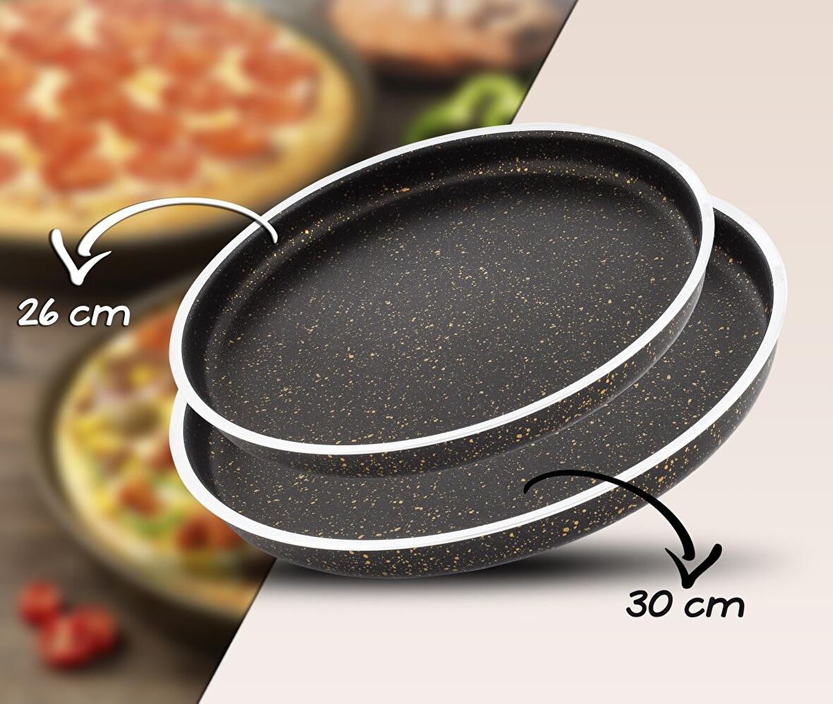 Dora Granitta Pizza ve Künefe 2'li Tepsi Seti 26 cm,30 cm Siyah Altın