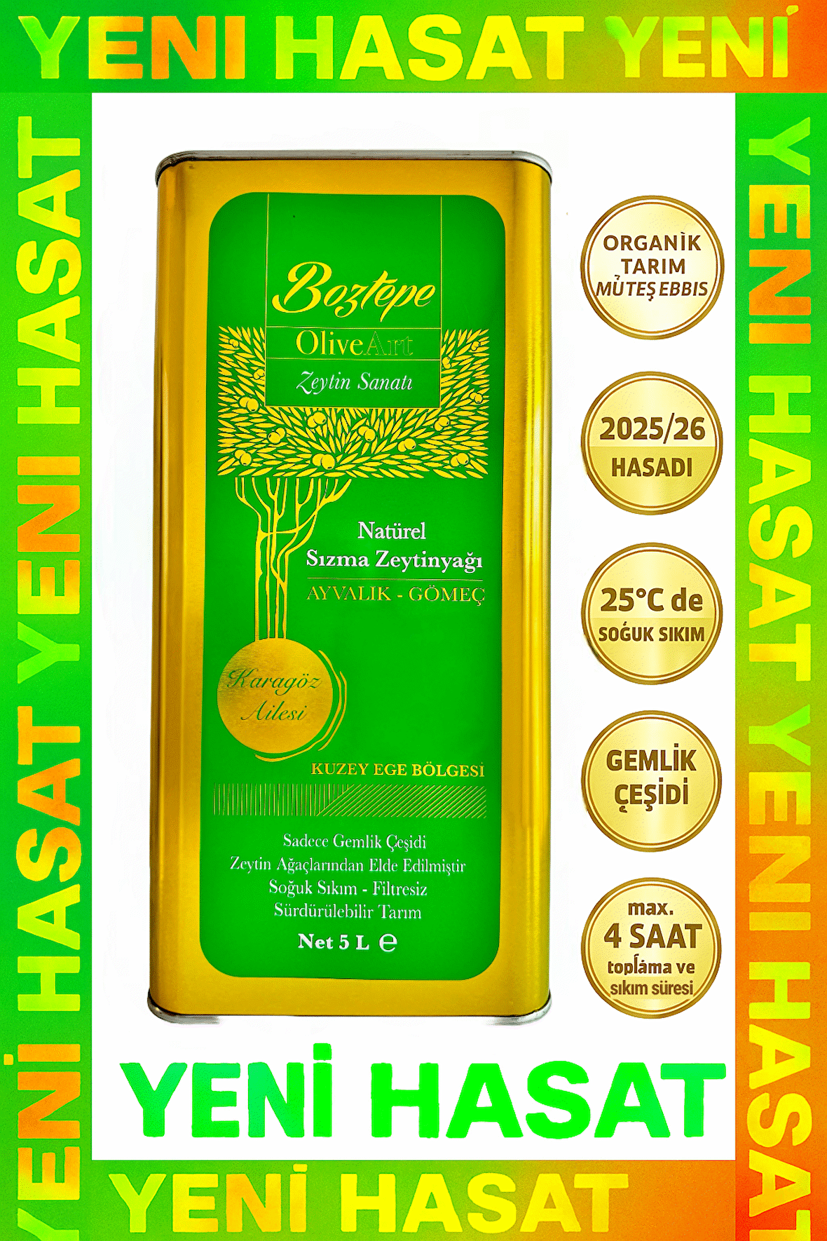 5 LT Natürel Sızma Zeytinyağı (2025/26) – Soğuk Sıkım, Filtresiz 0,3 Asit