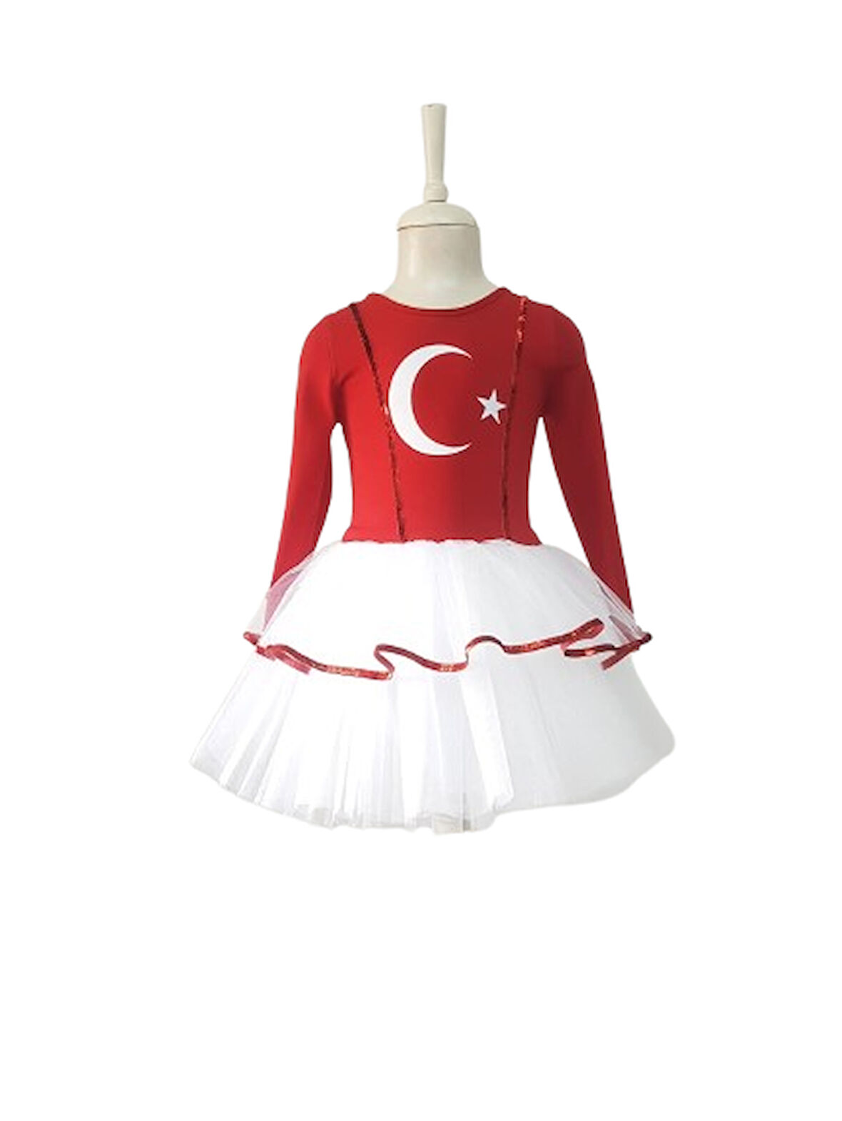 Türk Bayraklı Milli Bayramlar 4-5 Yaş Beyaz Tütülü Kırmızı Beyaz Kostüm