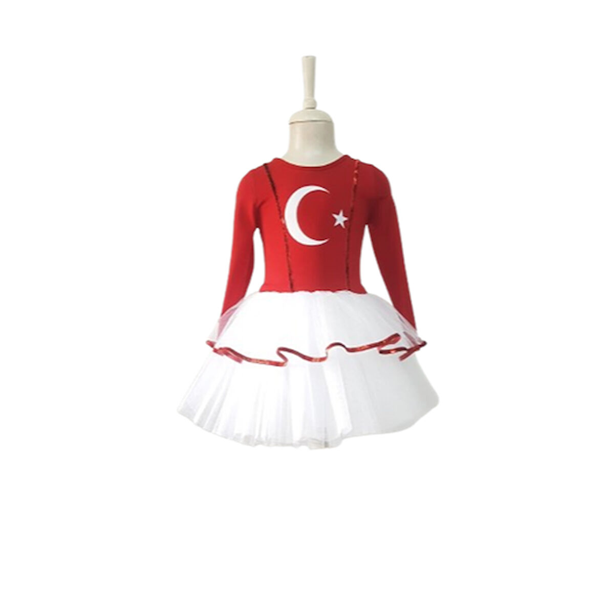Türk Bayraklı Milli Bayramlar 7-8 Yaş Beyaz Tütülü Kırmızı Beyaz Kostüm
