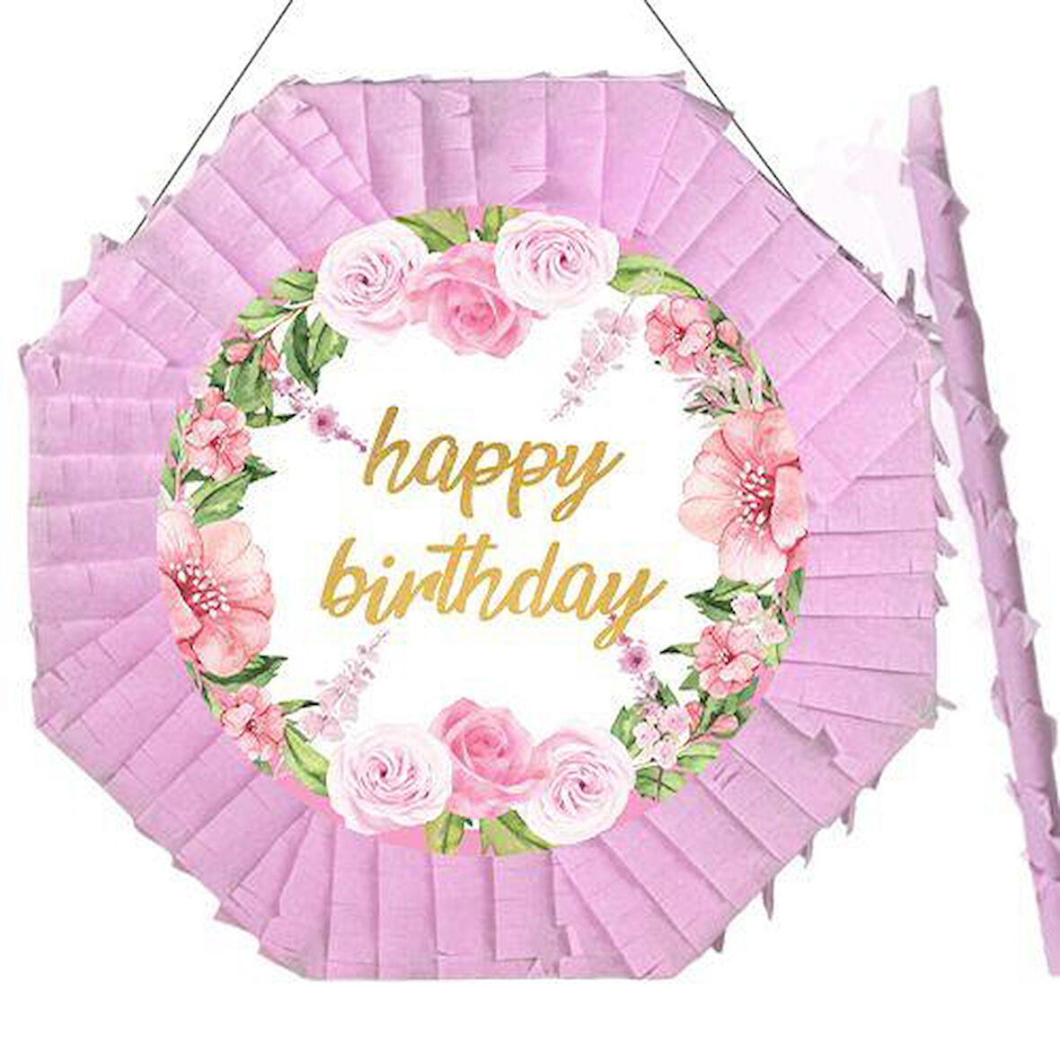 Happy Birthday Pinyata Pembe Güllü 42cm + Sopası