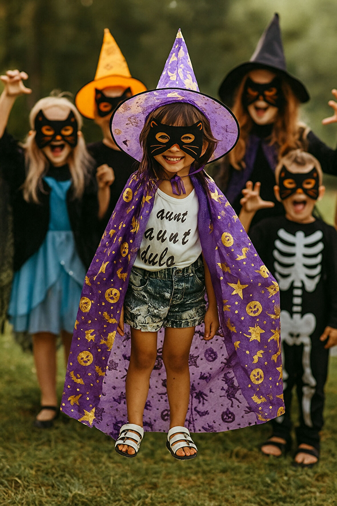 Hallowen cadı pelerinli şapkalı takım.MOR-GOLD