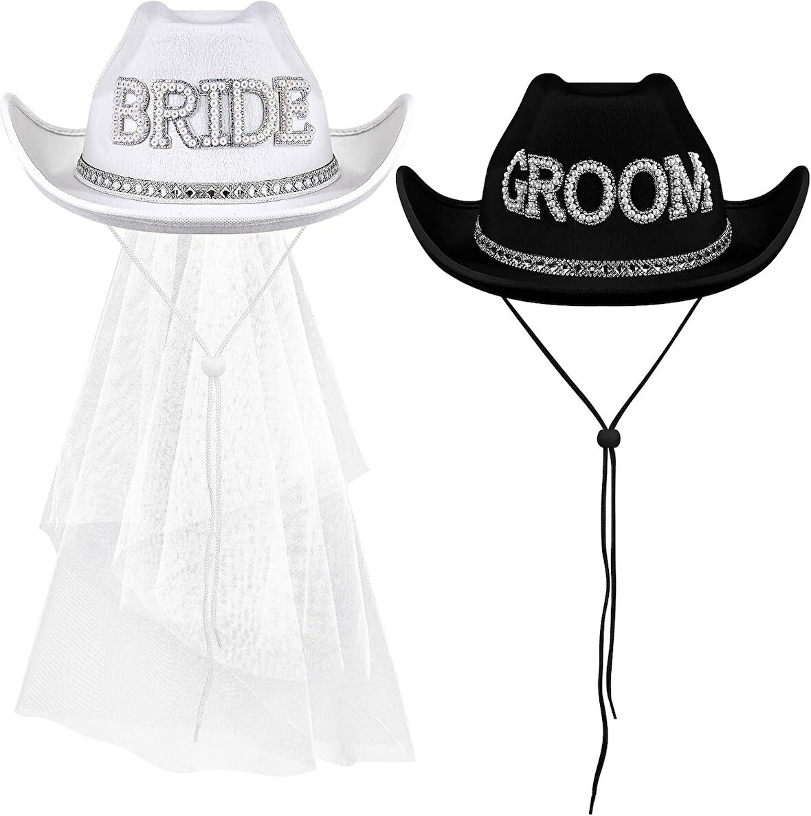 Şapka Kovboy Bride & Groom Taşlı Lüks Kadife Seti