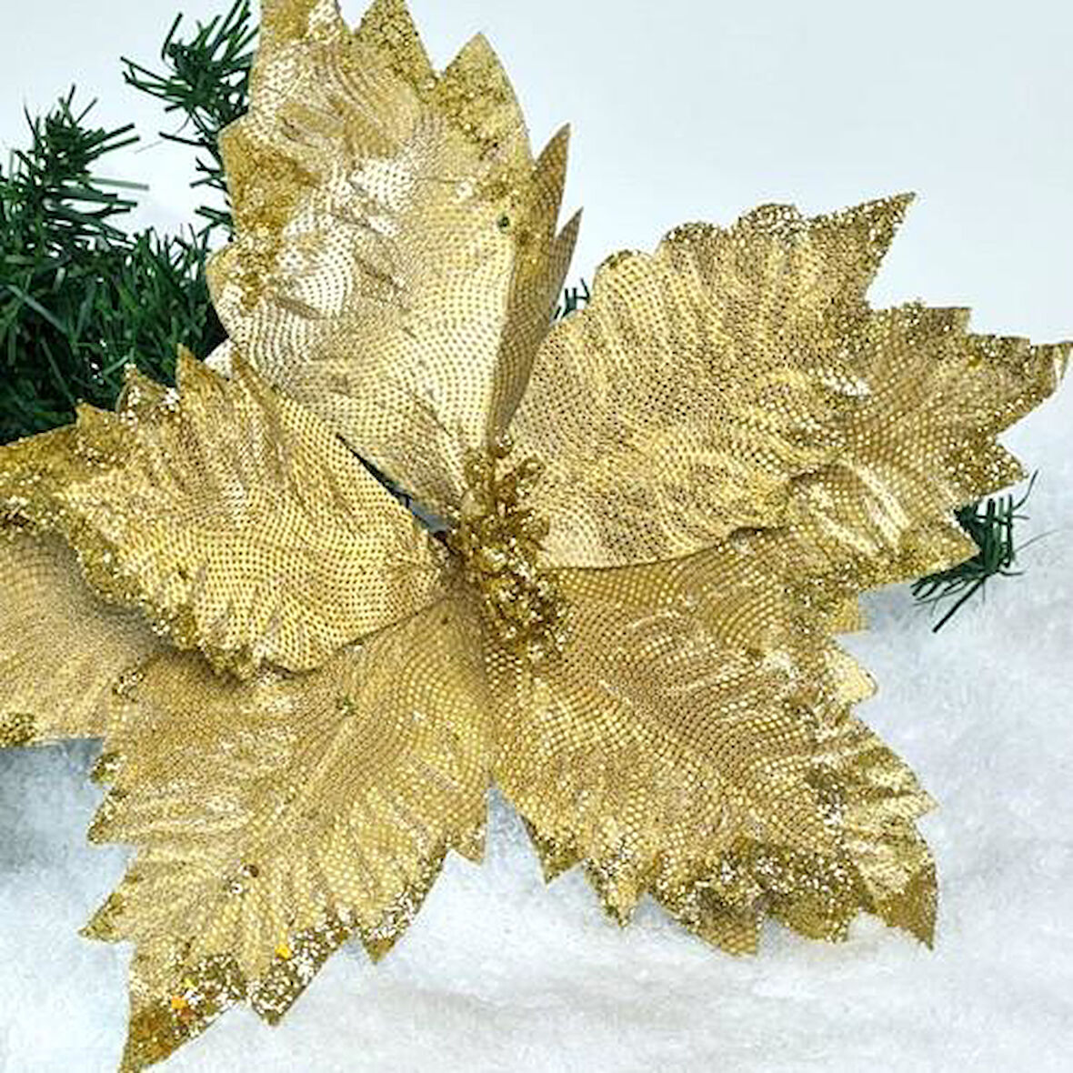 Yılbaşı Ponsetya Yapay Çiçek Simli Gold - 35 cm, 1 Adet
