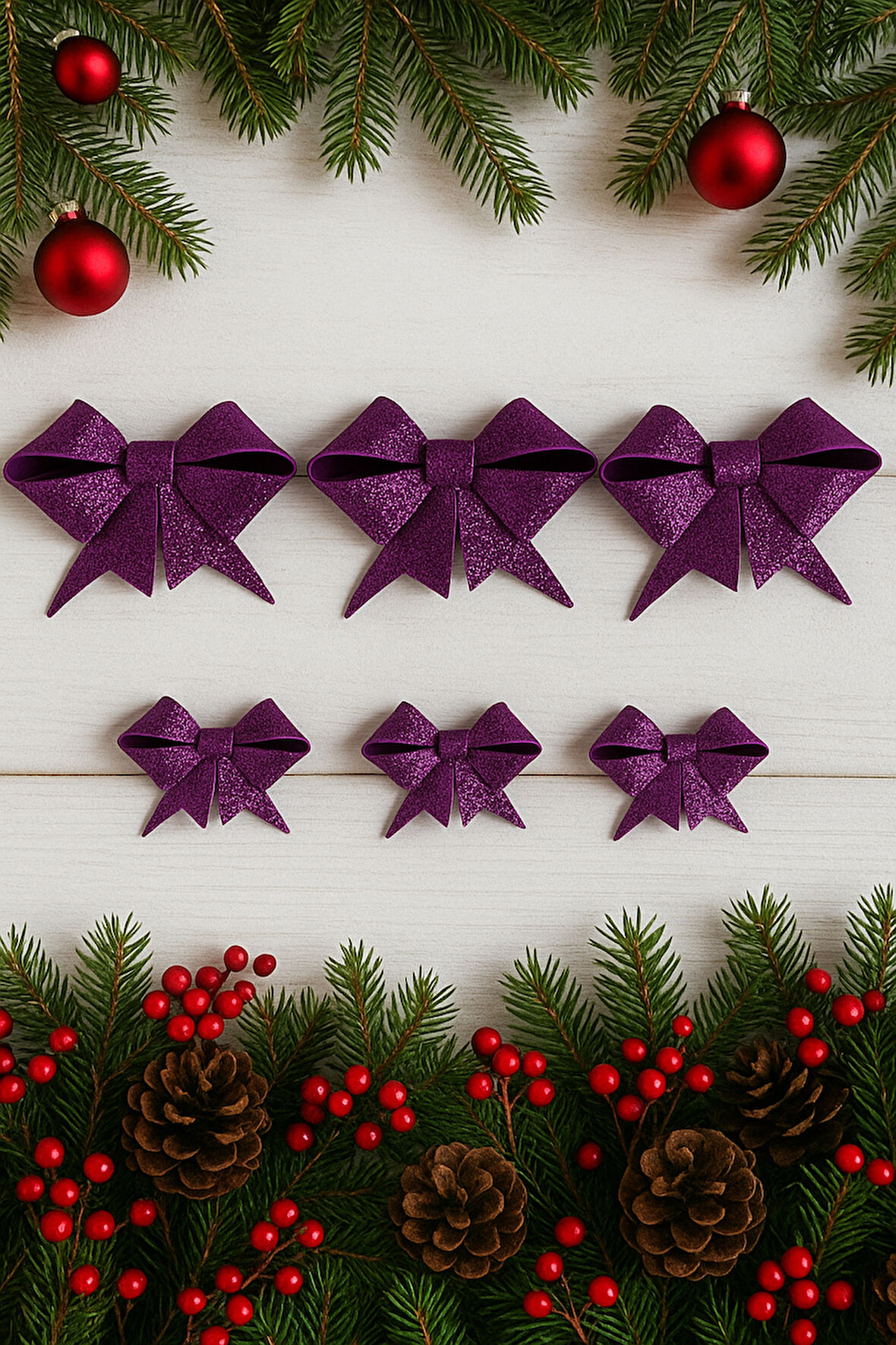 Mor Simli Eva Fiyonk Kurdele – 6'lı Set (3 Adet 9 cm + 3 Adet 6.5 cm) Yılbaşı Süsleme
