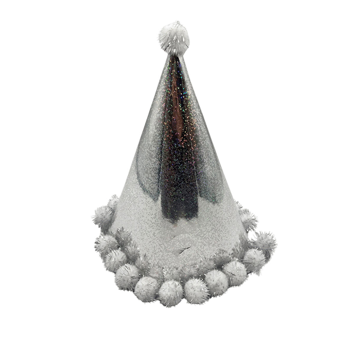 Parti Şapkası Ponponlu Hologramlı Gümüş Renkli Lüks Doğum günü-Yılbaşı Şapkası