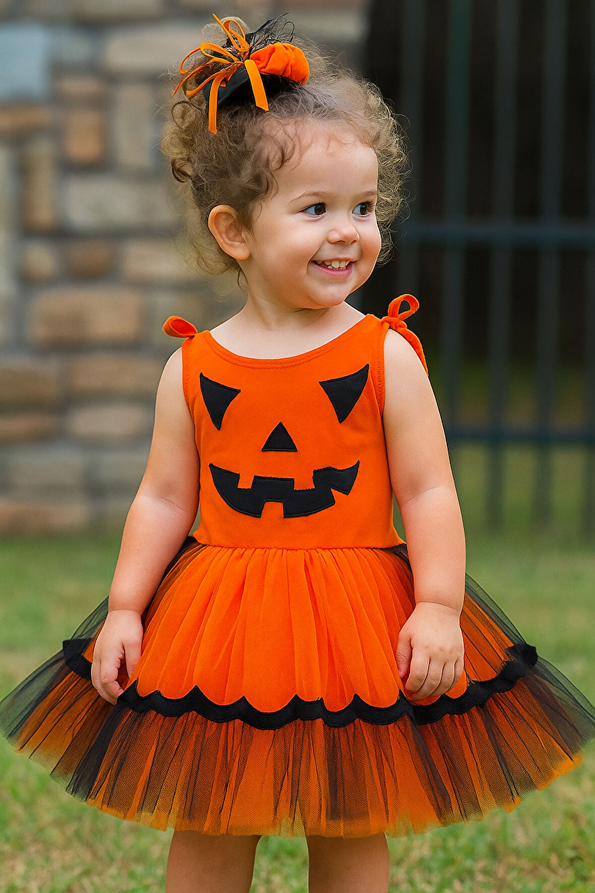 Halloween Cadılar Bayramına Özel Turuncu -Siyah Arkası Lastikli Tokalı Balkabağı Kız Kostümü