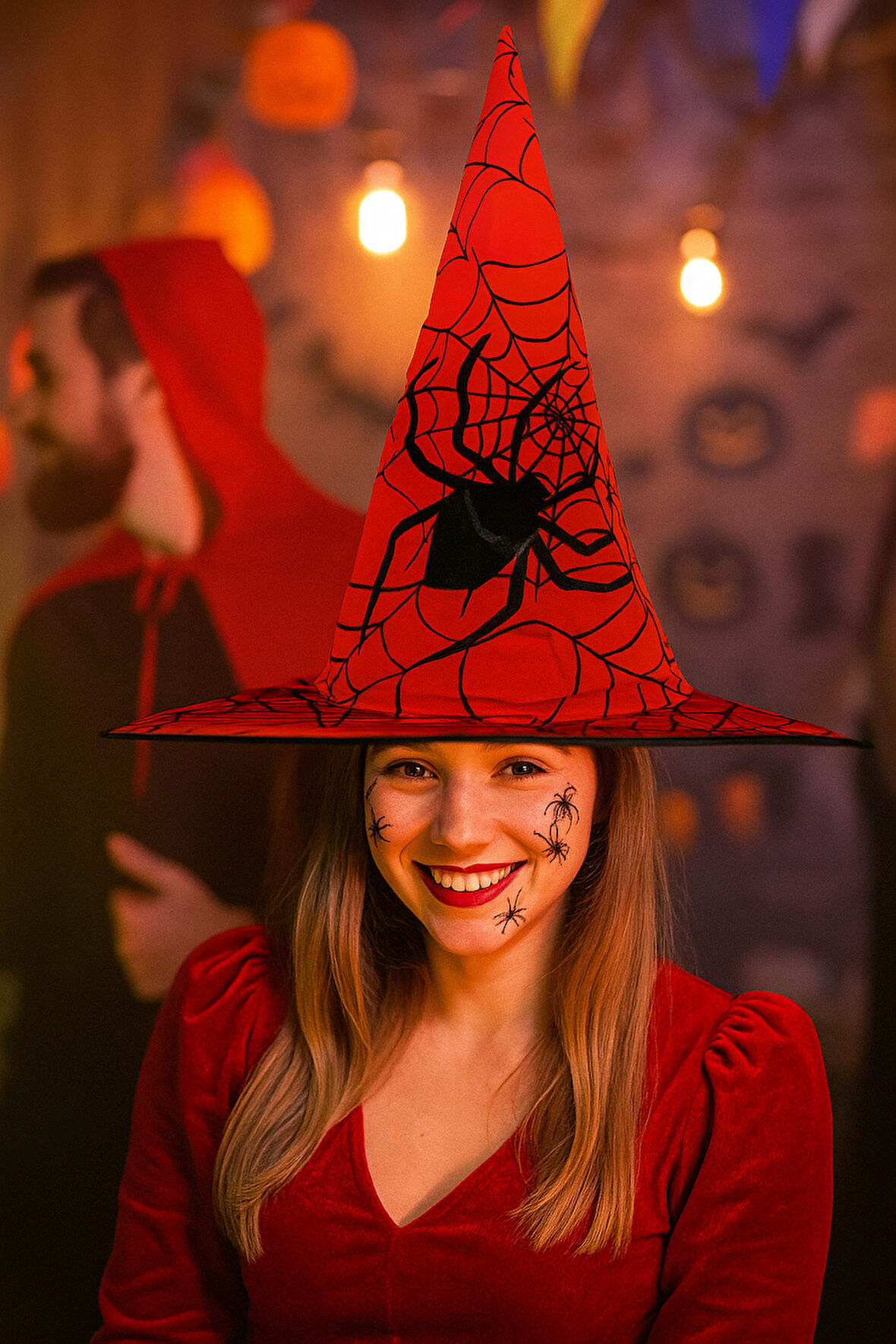 Hallowen cadı şapkası Kırmızı Dev Örümcek Desenli