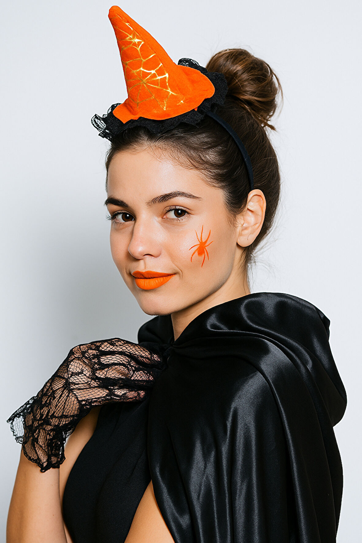 Halloween Cadılar Bayramı Taç  Mini Cadı Şapkası Şeklinde Tüllü Turuncu-Siyah  Varaklı Örümcek Ağı Desenli    