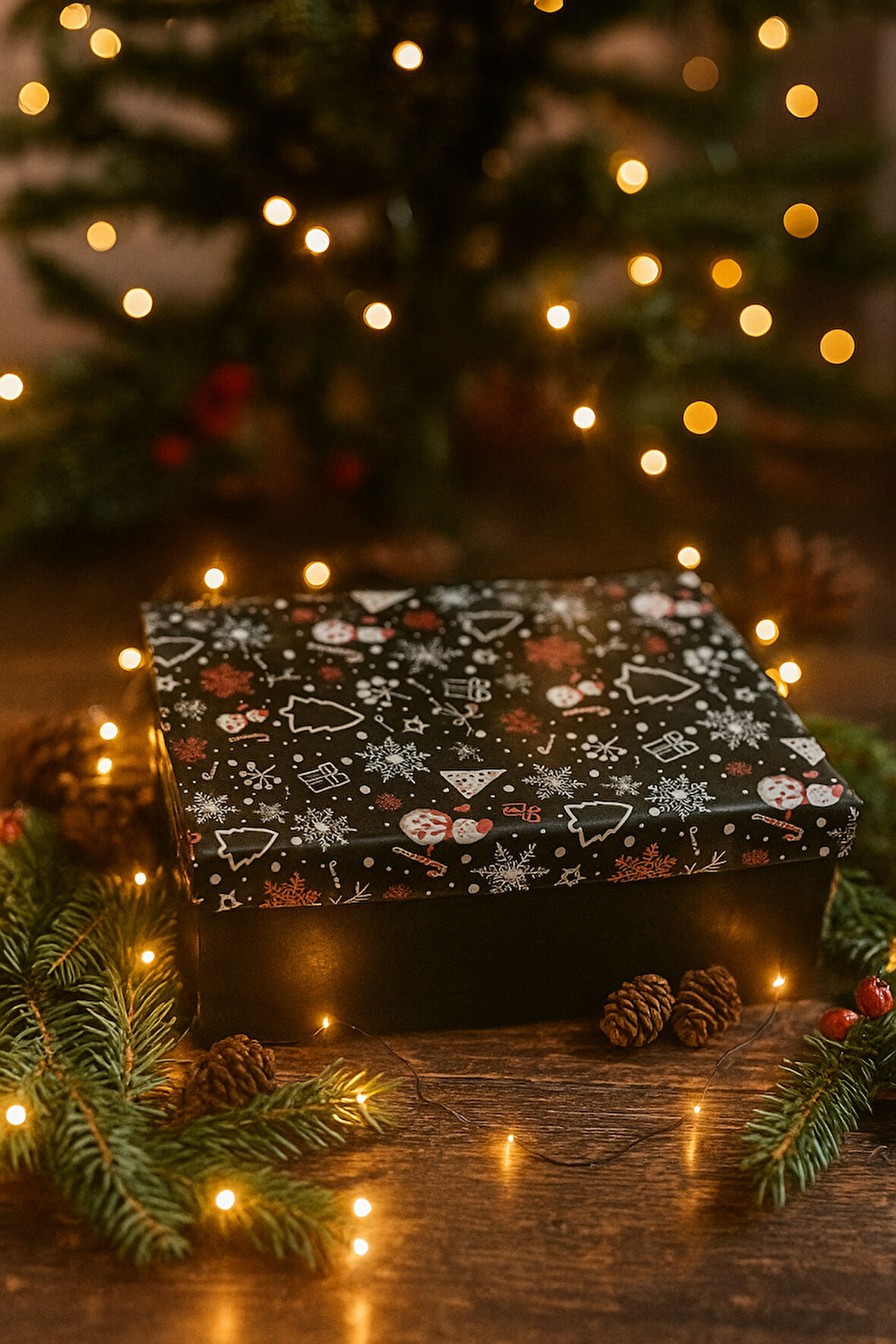 21×28,5×11 cm Siyah Simli Kış Temalı Dikdörtgen Lüks Yılbaşı Hediyelik Karton Kutu