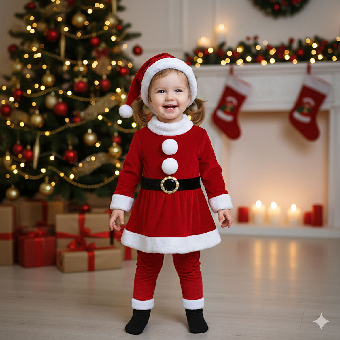 1–2 Yaş Kız Çocuk Noel Baba Kostümü – Şapkalı ve Kemerli Yılbaşı Elbise Seti