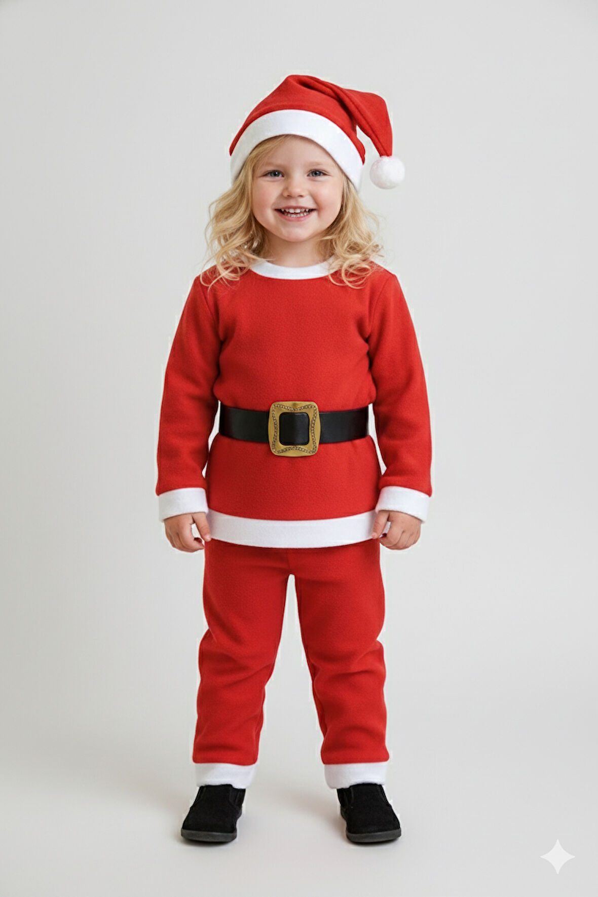 3–4 Yaş Çocuk Noel Baba Kostümü – Şapkalı ve Kemerli Yılbaşı Elbise Seti
