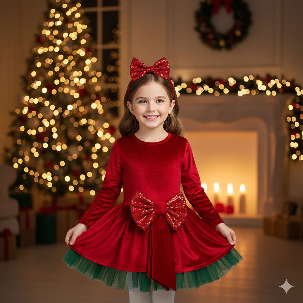 5–7 Yaş Kadife Kırmızı Fiyonklu Yeşil Tüllü Lüks Yılbaşı Çocuk Kostümü