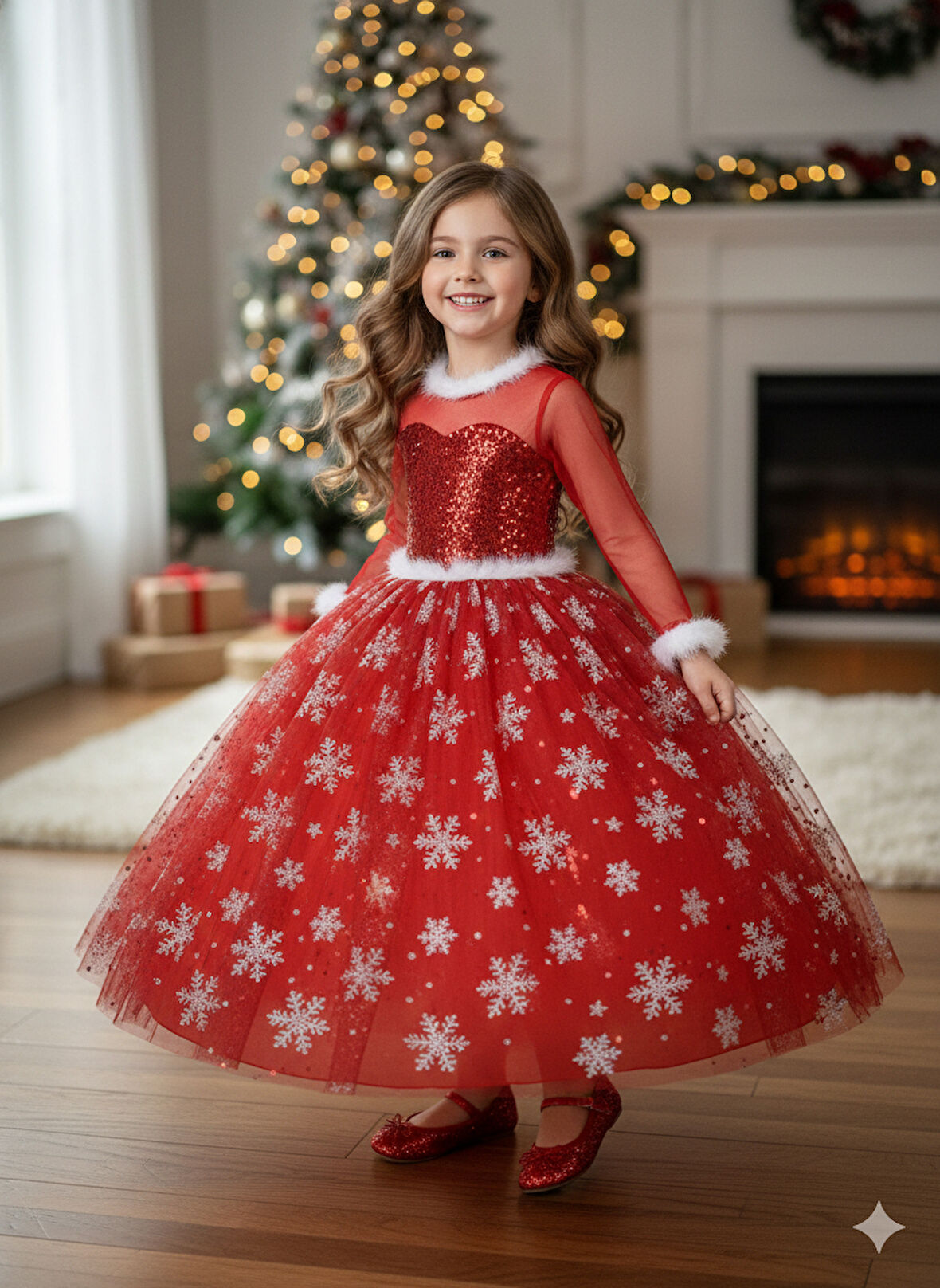 3–4 Yaş – Uzun Kol Pullu Simli Kırmızı Kartanesi Frozen Yılbaşı Balo Kostüm Elbise