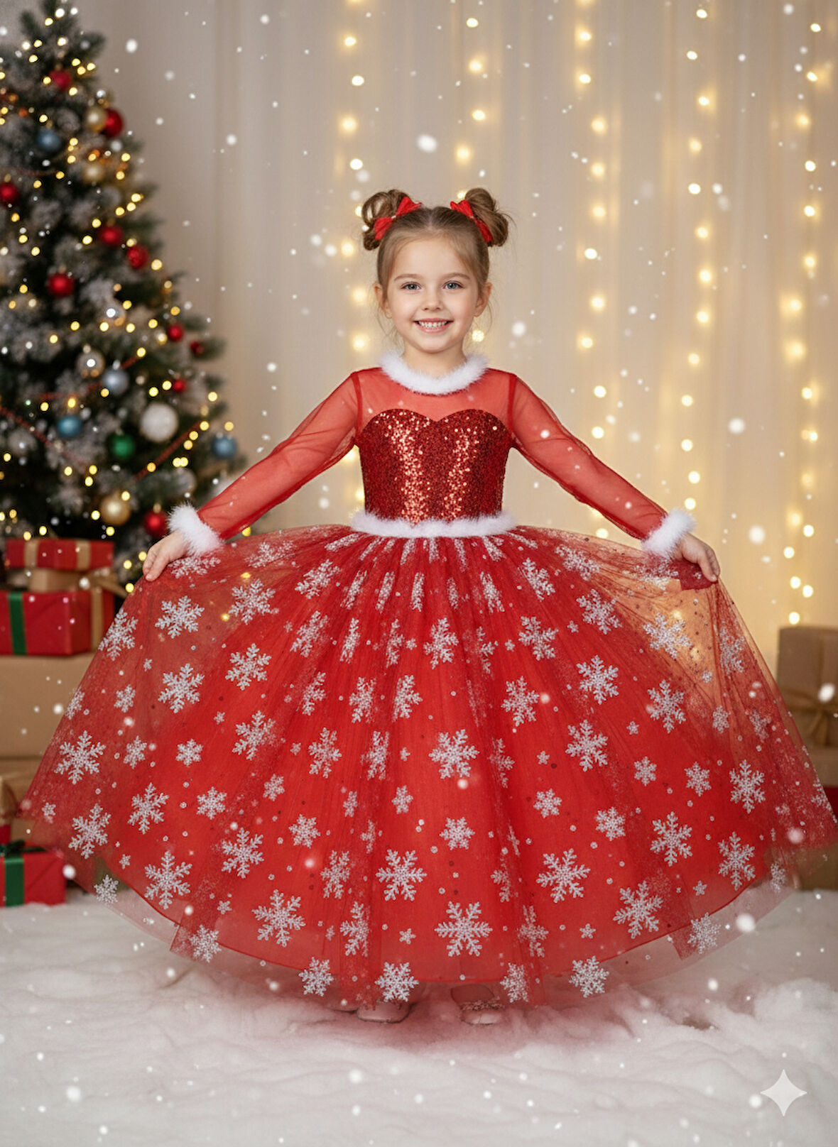 4–5 Yaş – Uzun Kol Pullu Simli Kırmızı Kartanesi Frozen Yılbaşı Balo Kostüm Elbise