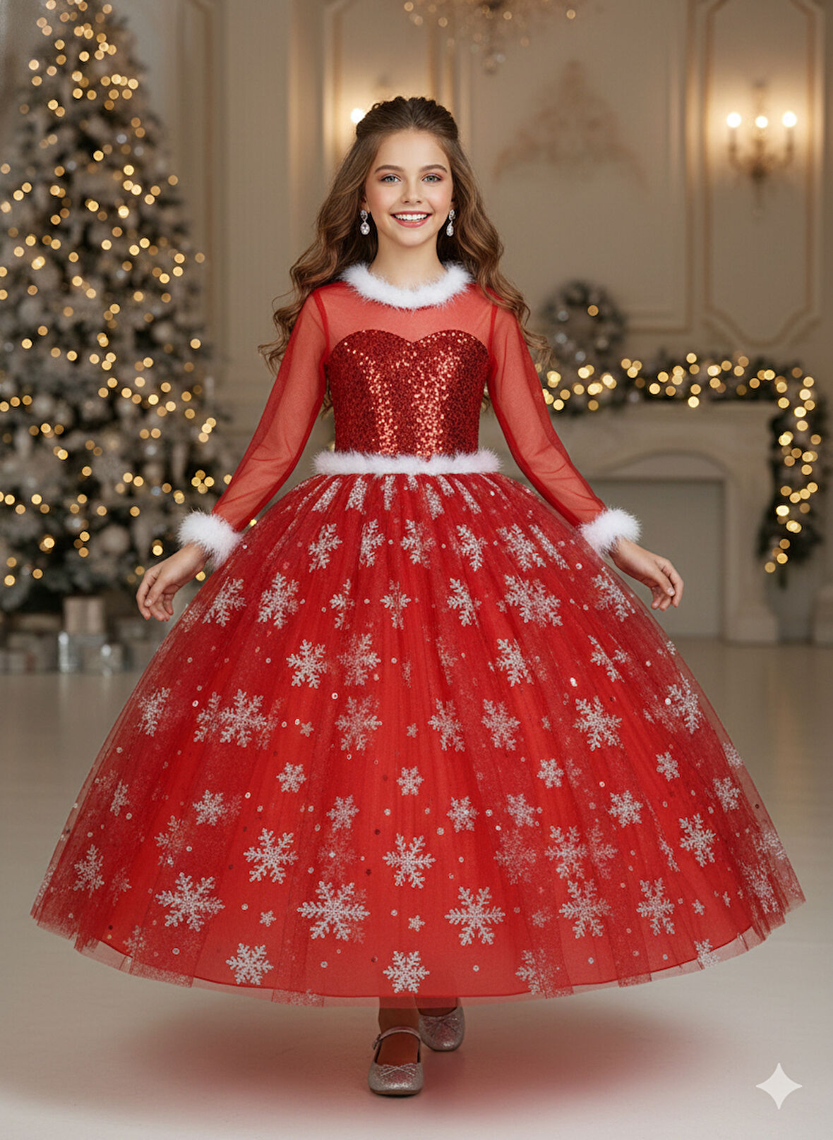 9–10 Yaş – Uzun Kol Pullu Simli Kırmızı Kartanesi Frozen Yılbaşı Balo Kostüm Elbise