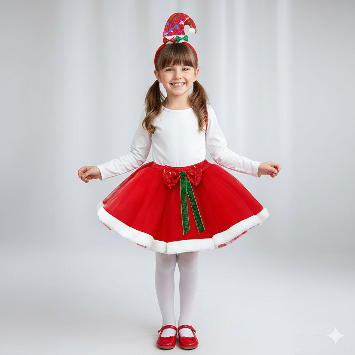 5–8 Yaş Kırmızı Tütülü Yılbaşı Taçlı Set – Önü Fiyonklu Kostüm ve Parti Aksesuarı