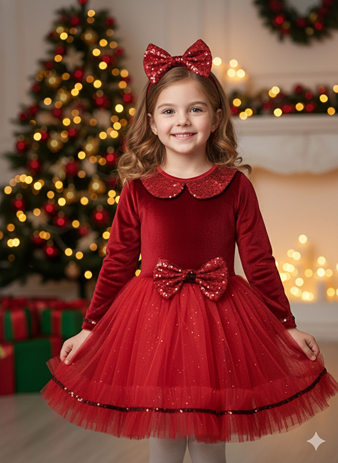 4–7 Yaş – Kırmızı Kadife Kırmızı Tül Etek ve Toka Yılbaşı Kız Çocuk Kostüm Seti