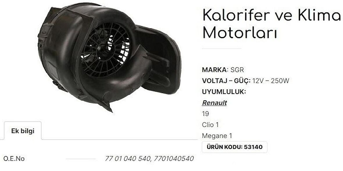 RENAULT R19 - CLİO 1 - MEGANE 1 KALORİFER MOTORU 7701040540 (Ü)