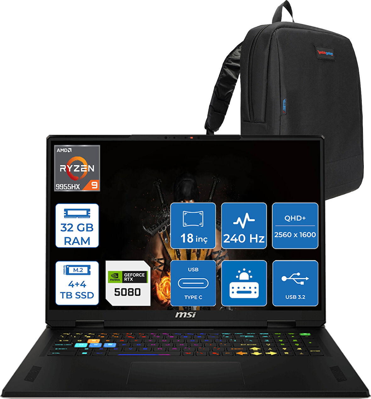 Msı Vector A18 Hx A9WIG-093TR Amd Ryzen 9-9955HX Aı 32GB 4tb Ssd+4tb SSD 16GB/RTX5080 Gddr7 175W 18 Inç 2k 2560×1600) Qhd+ 240Hz Freedos Taşınabilir Bilgisayar  ZT093TRF16+ZETTAÇANTA