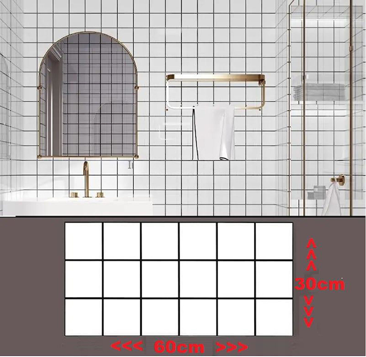 60x30cm Parlak Siyah Çizgili Beyaz Kare Yapışkanlı Karavan Prefabrik Banyo Wc Duvar Kaplama Paneli