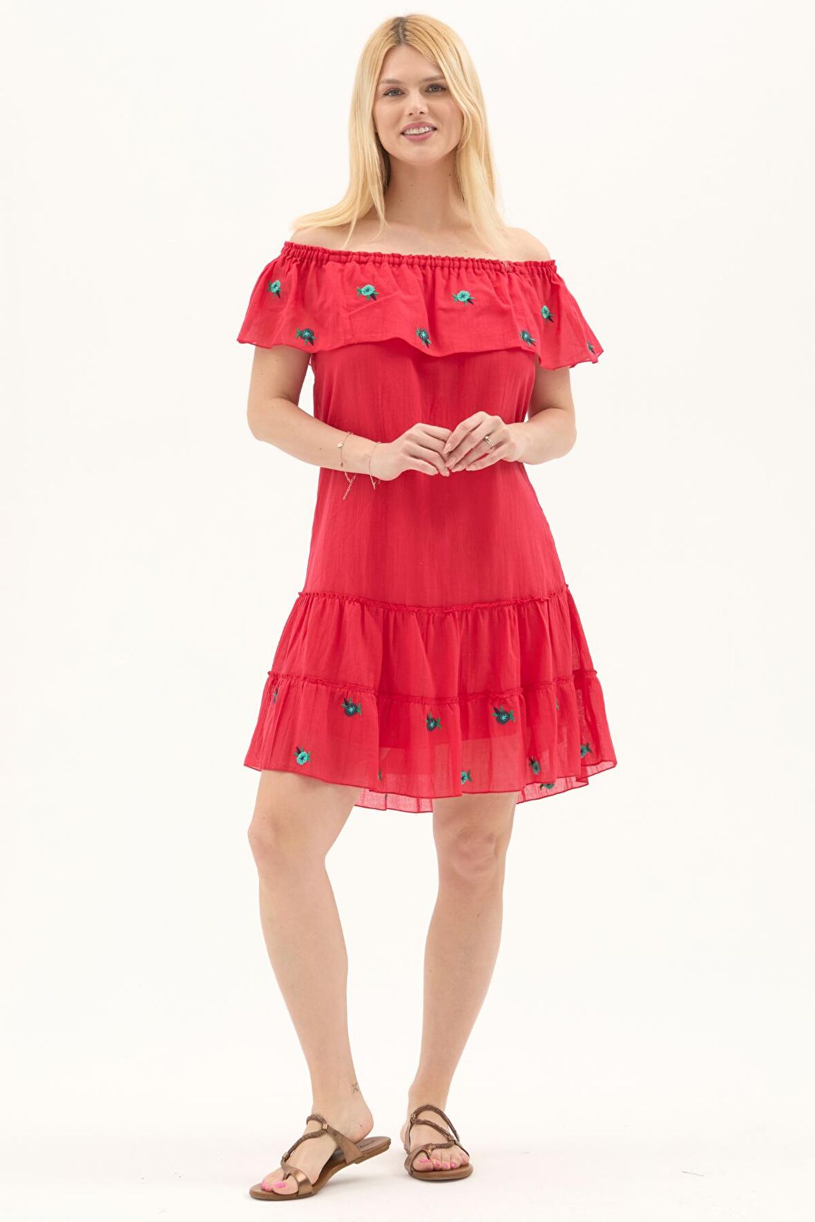 Nar Çiçeği Kısa Kol Vual Nakışlı Kısa Yazlık Elbise