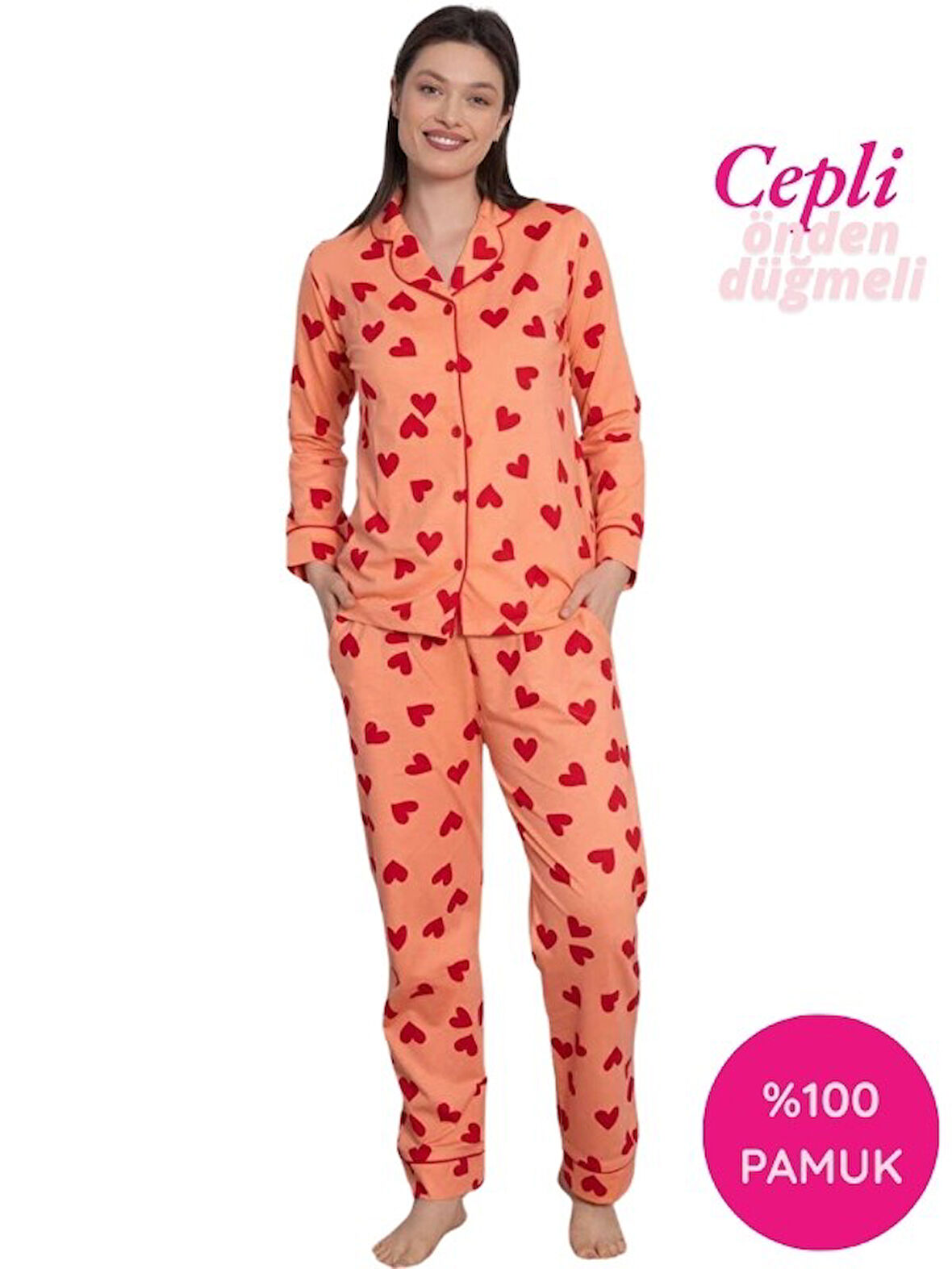 Kadın Kalp Desen Gömlek Yaka %100 Pamuk Mevsimlik Uzun Kol Cepli Pijama Takımı