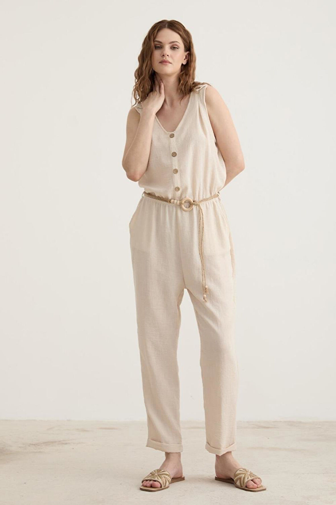 Vos Versa Kadın Kemer Detaylı Uzun Keten Taş Tulum VVK27072