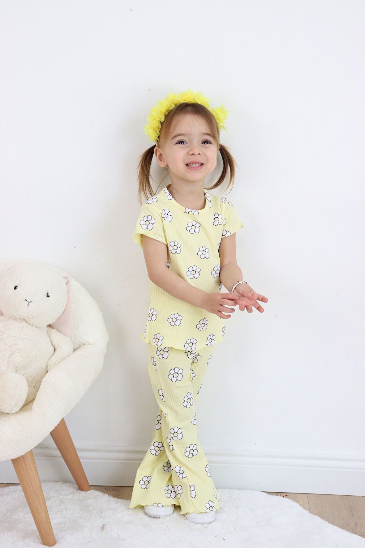 Kız Çocuk Çiçek Baskılı Raporlu Kumaş Basic Alt Üst  İkili Takım