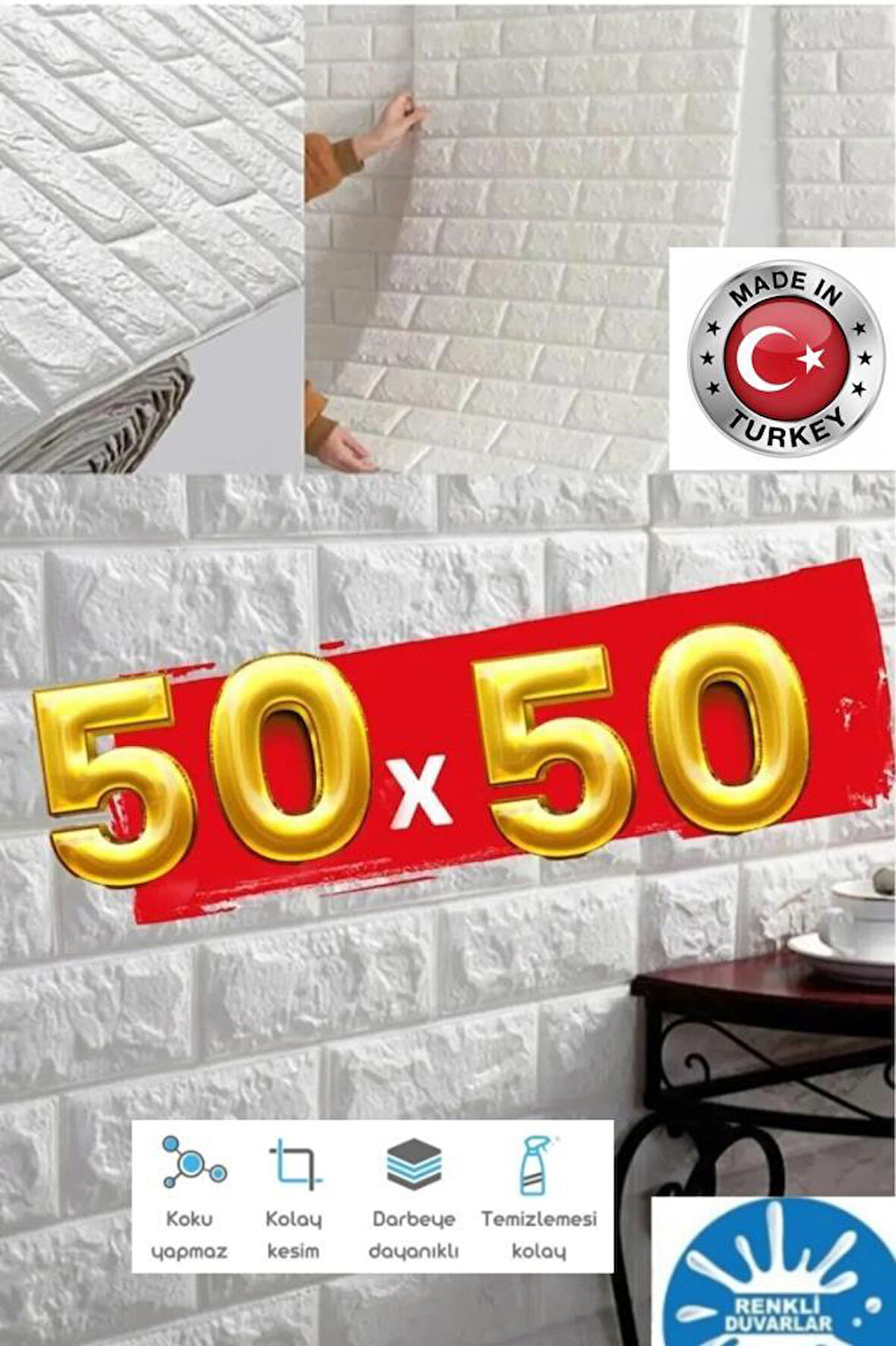 50x50 Cm 0,27 M² Silinebilir Kendinden Yapışkanlı Duvar Kağıdı Esnek Köpük Panel 3d Tuğla Desen 