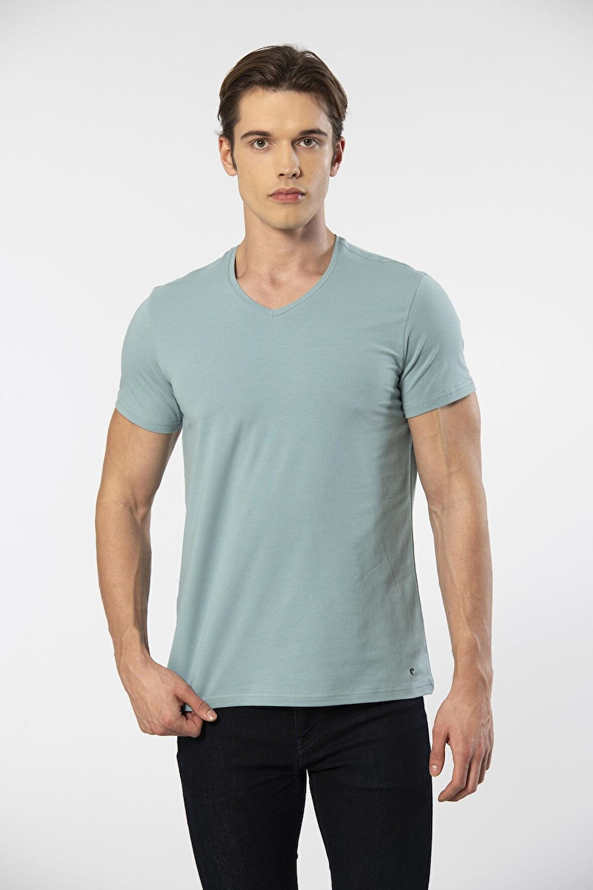 Cacharel Erkek V Yaka Likralı T-shirt 1332/YEŞİL1